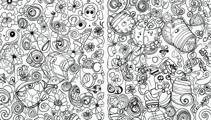 A coloring book for kids with curly patterns and black and white images of holiday treats. the improvement of children's motor abilities through sketching. Artificial Intelligence 