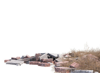 rubble brick wall and collapse building and dry grass