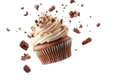 Chocolate cupcake with cream frosting and chocolate pieces isolated on transparent background