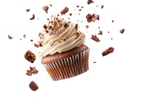 Chocolate cupcake with cream frosting and chocolate pieces isolated on transparent background - Powered by Adobe