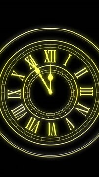 Animation of clock showing midnight and fireworks exploding on black background