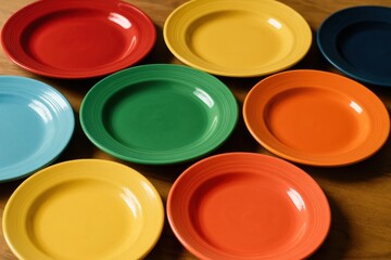 A vibrant array of Fleischert plates in a spectrum of colors, each with its own unique hue, arranged neatly on a wooden surface