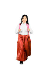 Happy Asian Schoolgirl in Traditional Skirt with Backpack Isolated on White Background
