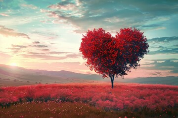Heart shaped tree growing in a beautiful red meadow at sunset, inspiring a concept of love and romance