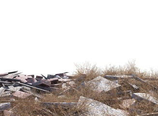 rubble brick wall and collapse building and dry grass