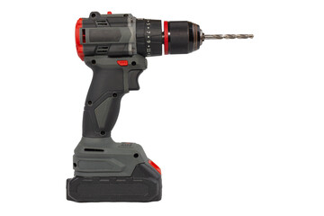 A cordless drill stands upright against a plain white background, showcasing its gray and black body, red accents, and a metal drill bit inserted into the chuck.