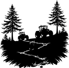 Naklejka premium Tractor Convoy Silhouette with Forest Background vector 