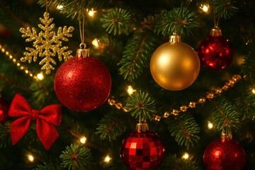 A festive Christmas tree adorned with red and gold ornaments, twinkling lights, and a snowflake decoration, evoking warmth and joy