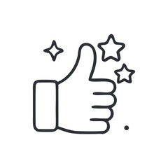 A line-art thumbs-up gesture, surrounded by sparkling stars, signifying approval and excellence.