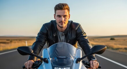 Young man in black leather jacket rides motorcycle on paved road with horizon background, creating a peaceful and adventurous atmosphere ideal for travel and lifestyle advertising.