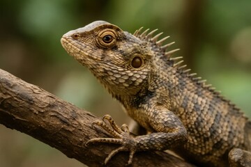Fototapeta premium A solitary lizard perches on a twisted branch, its scales shimmering in the dappled light of a verdant forest