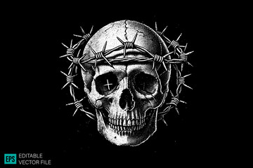 Obraz premium Skull head with fence dark art scary creepy style tattoo illustration vector black and white background templates