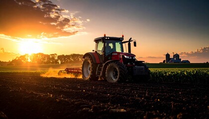 Obraz premium Wide landscape shot of a tractor operating on a freshly plowed farm field at golden hour sunset