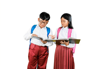 Indonesian Schoolchildren Reading and Studying Together Isolated on White Background