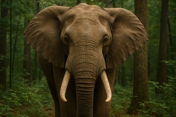 Obraz premium A majestic elephant stands amidst a verdant forest, its gentle eyes reflecting the tranquility of nature