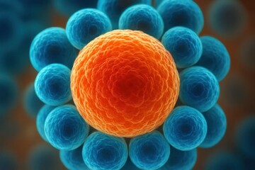 A close-up view of a vibrant orange cell surrounded by a sea of blue spheres, symbolizing the intricate and interconnected nature of life