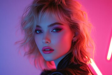 Fototapeta premium Blonde fashion model posing under colorful neon lights, showcasing trendy makeup and hairstyle