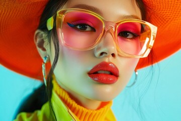 Close-up of a fashion model wearing trendy sunglasses and an orange hat, showcasing a vibrant and stylish look