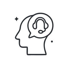 A person thoughtfully considering customer service, symbolized by a headset inside a speech bubble within their mind.