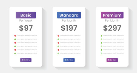 Pricing plans table, pricing chart, price list for web or app. Ui UX pricing design tables with tariffs. Product comparison business web plans. Subscription features checklist and business plans.