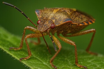 Fototapeta premium Amidst the verdant embrace of nature, a solitary brown ladybug stands poised on a leaf, its vibrant eyes and bristly hairs capturing the essence of its resilient existence