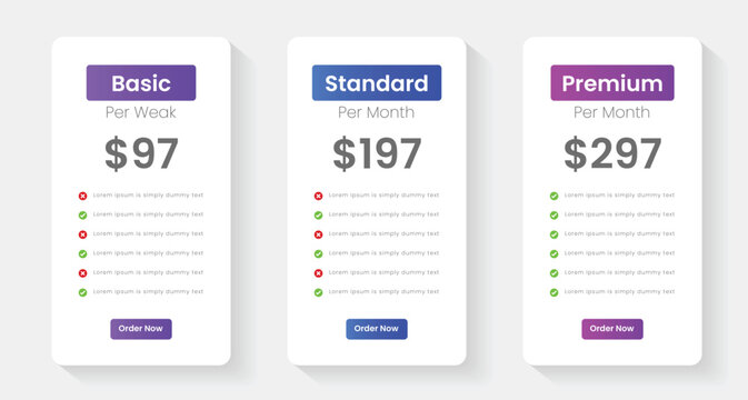 Pricing plans table, pricing chart, price list for web or app. Ui UX pricing design tables with tariffs. Product comparison business web plans. Subscription features checklist and business plans.