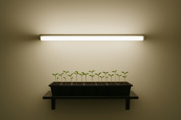 A tray of evenly spaced green seedlings grows beneath a bright fluorescent-style grow light mounted on a beige wall, symbolizing controlled indoor cultivation.