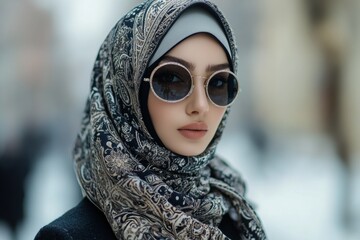 Portrait of a fashionable muslim woman showcasing a stylish hijab and sunglasses in a city backdrop