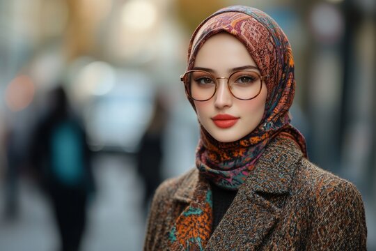 Portrait of a young muslim woman wearing a hijab and glasses, standing in a blurred urban environment
