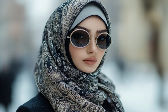 Portrait of a fashionable muslim woman showcasing a stylish hijab and sunglasses in a city backdrop - Powered by Adobe