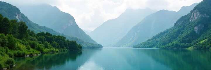 Serene Mountain Landscape Misty Peaks, Lush Valleys, Tranquil Lake - Perfect for Peaceful Retreat, Yoga, Meditation, and Relaxation