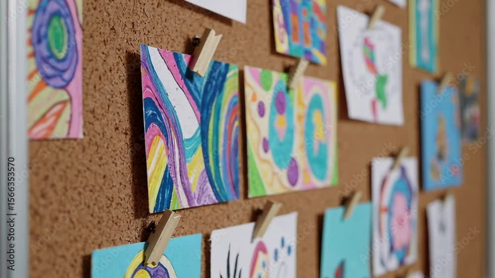 Poster Wooden clothespins secure vibrant, child created artwork to a corkboard, showcasing a diverse array of colors and designs in a classroom setting
