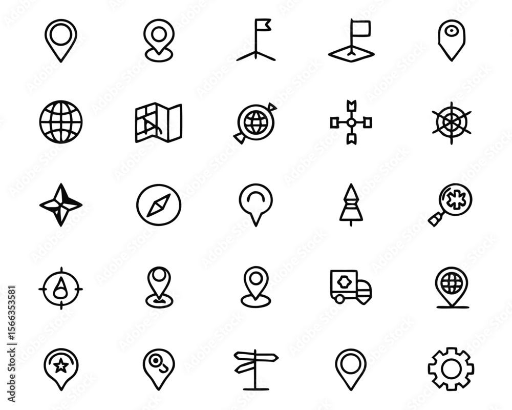 Poster comprehensive navigation symbols collection featuring distinct pin markers directional flags and pre