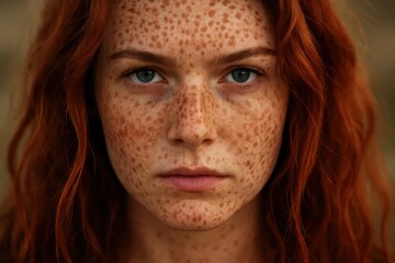 The face of a young woman with spots stands out against a blurred background, symbolizing her unique beauty and strength