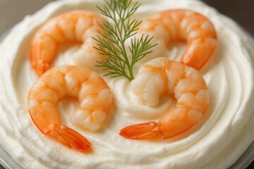 A Close-Up of Shrimp Cakes with Dill Garnish on a Creamy White Base