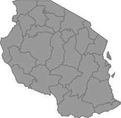 Simple Map of Tanzania with Regions and Labels in Grey Silhouette