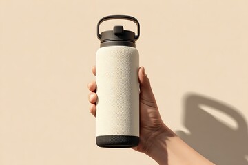 Hand holding insulated water bottle with textured cover against beige background studio shot