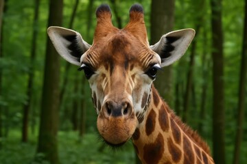 Fototapeta premium A majestic giraffe stands tall amidst a lush forest, its gentle eyes and distinctive coat pattern capturing the essence of wildlife