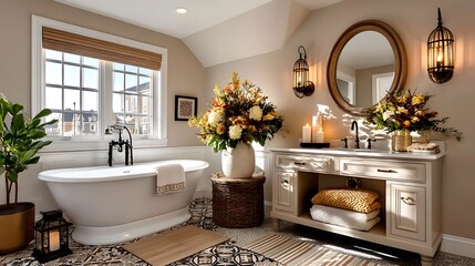 Cozy bathroom interior with wicker chair and bouquet display high resolution wallpaper
