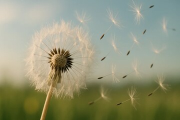 Obraz premium Amidst a serene meadow, a dandelion seed takes flight, embodying the essence of nature's resilience and beauty