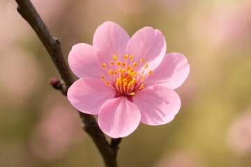 Obraz premium A delicate pink blossom stands out against a softly blurred backdrop, capturing the essence of springtime
