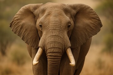 Fototapeta premium A majestic elephant stands in quiet contemplation amidst a serene savanna landscape