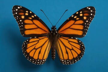 Fototapeta premium A Monarch Butterfly in Full Flight Against a Blue Canvas