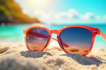 Stylish sunglasses resting on a vibrant summer beach scene, reflecting the bright sun  Perfect for travel, vacation, and summer lifestyle themes  Enjoy the sunny vibes!, vacation, protection