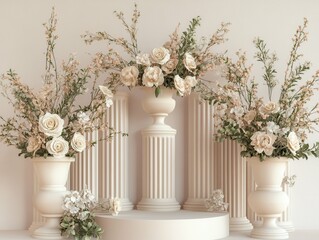 detailed color picture of 3d podium display pastel pink and beige background with flowers