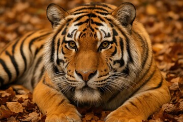 Obraz premium A close-up of a majestic tiger cub lying in a bed of fallen leaves, its piercing gaze capturing the viewer's attention
