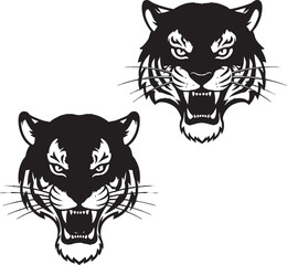 Roaring Tiger Head Vector Set – Fierce Black and White Wild Cat Silhouette, Aggressive Jungle Animal Face Clipart for Tattoo, Logo, Mascot, Design Projects