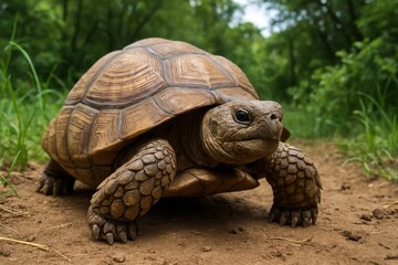 Fototapeta premium A tortoise stands poised on a dirt path, its sturdy shell and powerful legs hinting at the resilience of nature's creatures