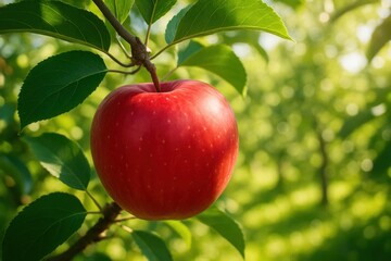 Obraz premium A Lone Red Apple Hanging from a Branch in a Blurred Green Orchard