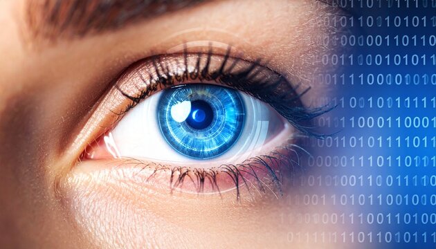 Close-up view of a vibrant eye with binary code overlayed, suggesting technological advancement and vision - Powered by Adobe